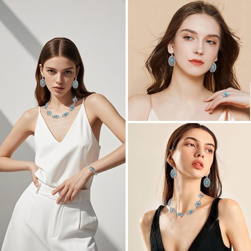 JMScape 4 PCS Western Turquoise Jewelry for Women Boho Vintage Navajo Pearl Necklace Earring Bracelet Ring Set Country Cowgirl Accessories for Gift - Image 4